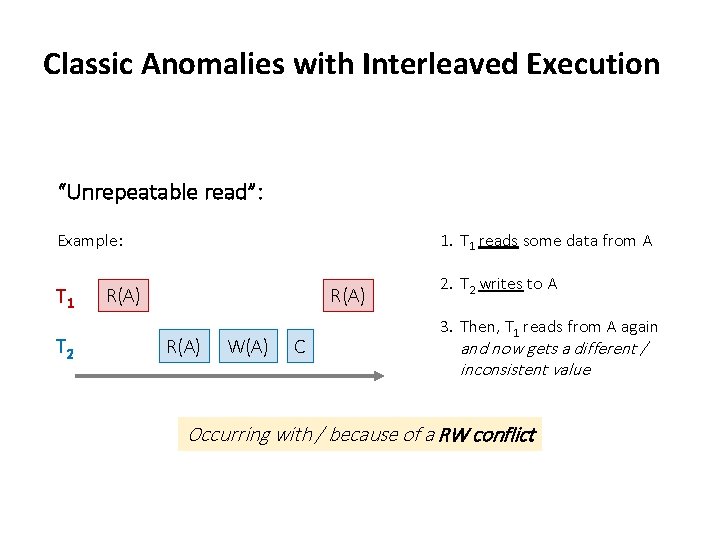 Classic Anomalies with Interleaved Execution “Unrepeatable read”: 1. T 1 reads some data from