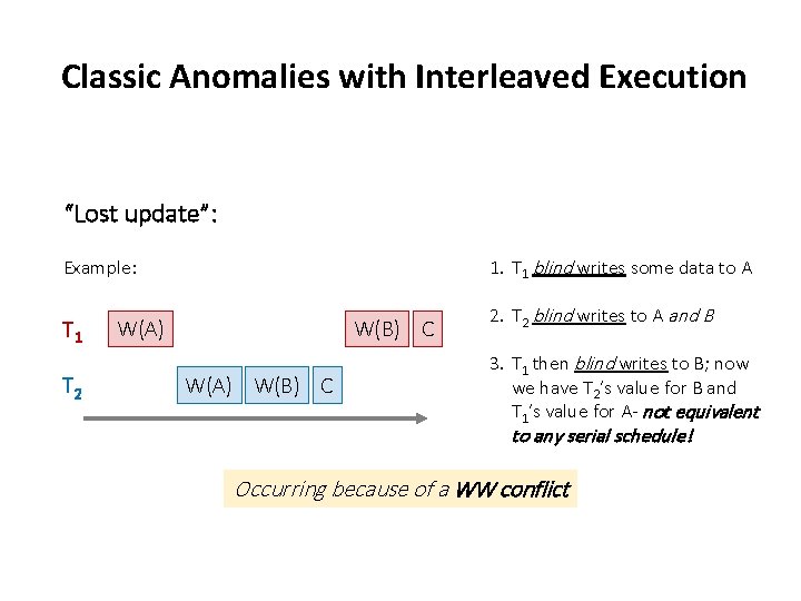 Classic Anomalies with Interleaved Execution “Lost update”: 1. T 1 blind writes some data