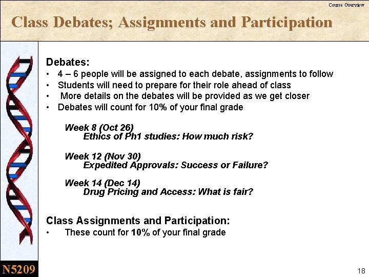 Course Overview Class Debates; Assignments and Participation Debates: • 4 – 6 people will
