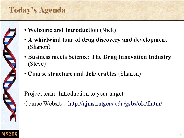 Today’s Agenda • Welcome and Introduction (Nick) • A whirlwind tour of drug discovery