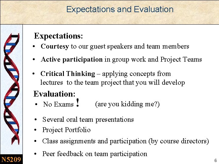 Expectations and Evaluation Expectations: • Courtesy to our guest speakers and team members •