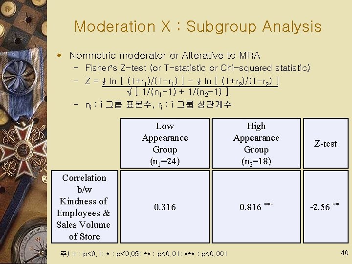 Moderation X : Subgroup Analysis w Nonmetric moderator or Alterative to MRA – Fisher’s