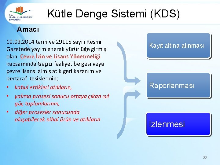 Kütle Denge Sistemi (KDS) Amacı 10. 09. 2014 tarih ve 29115 sayılı Resmi Gazetede