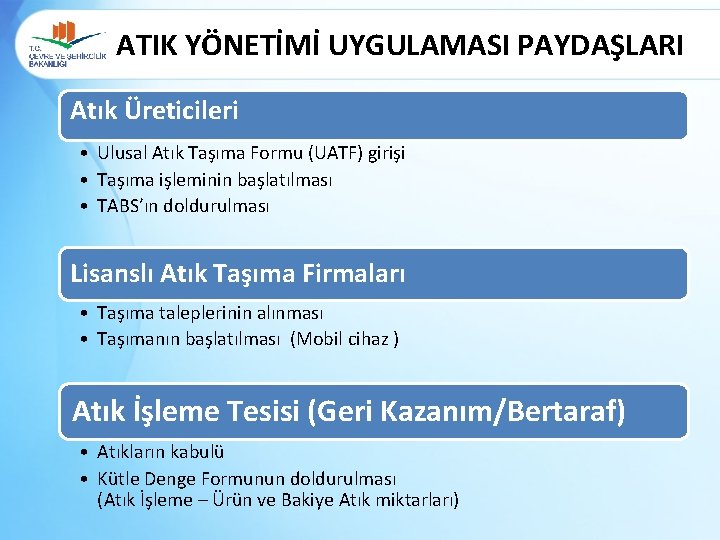 ATIK YÖNETİMİ UYGULAMASI PAYDAŞLARI Atık Üreticileri • Ulusal Atık Taşıma Formu (UATF) girişi •