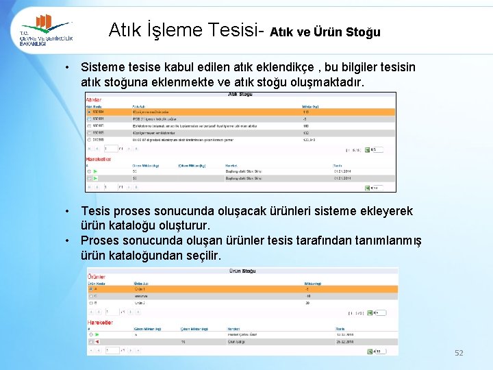 Atık İşleme Tesisi- Atık ve Ürün Stoğu • Sisteme tesise kabul edilen atık eklendikçe