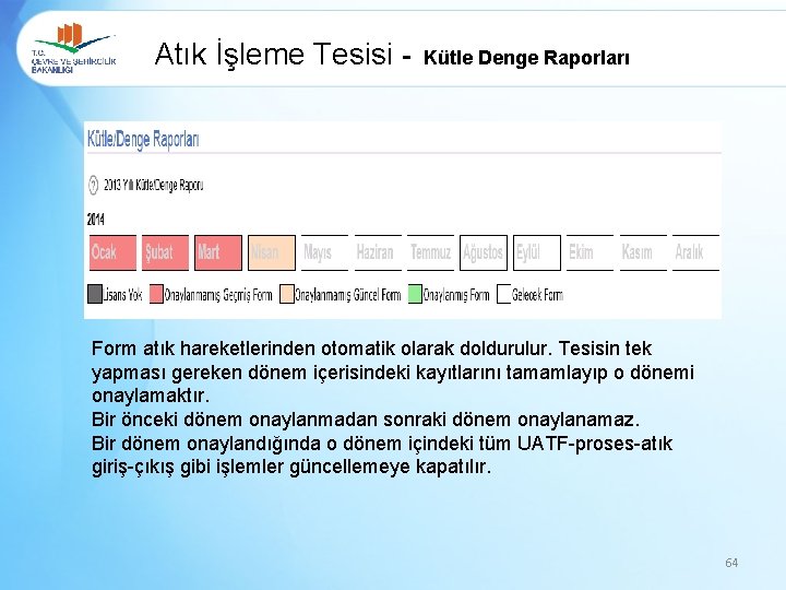 Atık İşleme Tesisi - Kütle Denge Raporları Form atık hareketlerinden otomatik olarak doldurulur. Tesisin