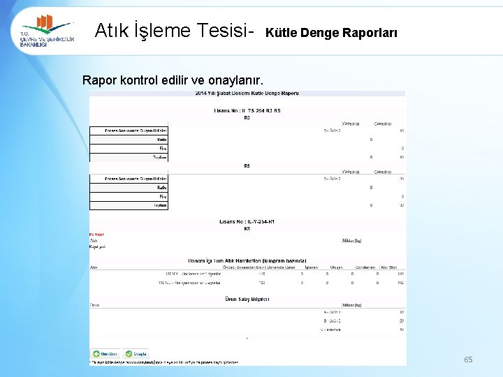 Atık İşleme Tesisi- Kütle Denge Raporları Rapor kontrol edilir ve onaylanır. 65 