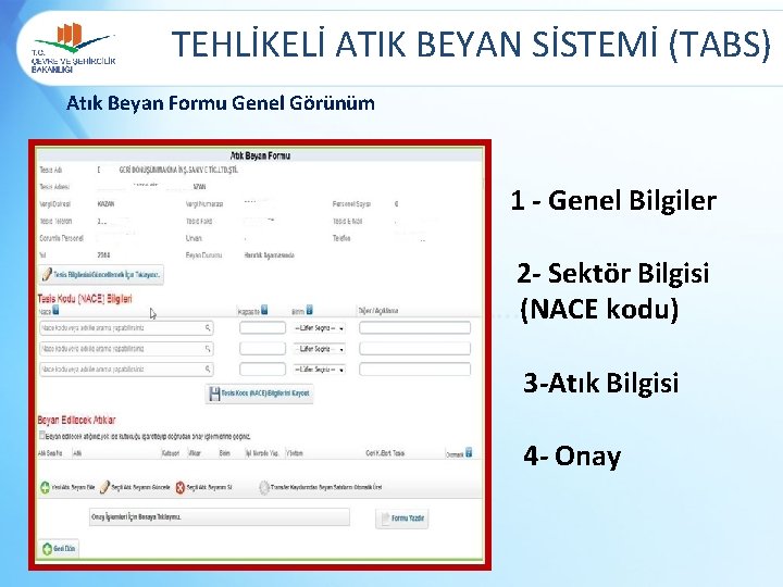  TEHLİKELİ ATIK BEYAN SİSTEMİ (TABS) Atık Beyan Formu Genel Görünüm 1 - Genel