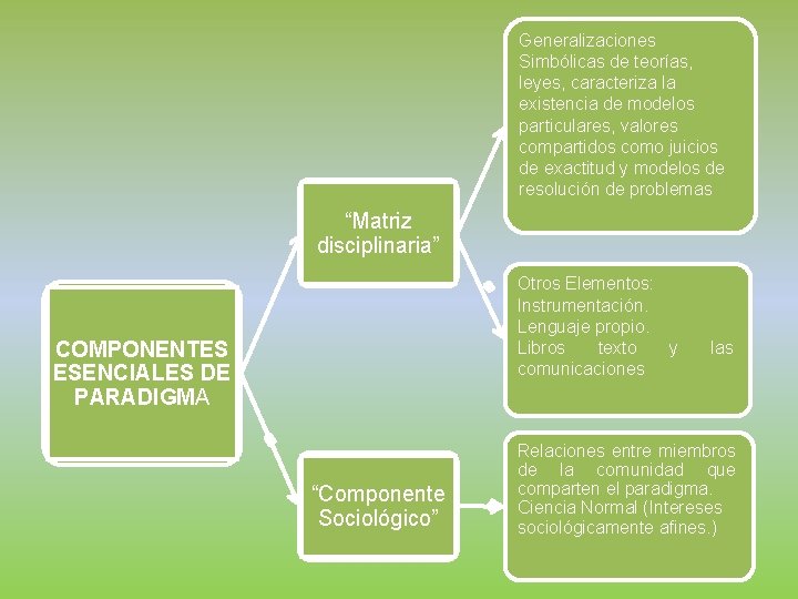 Generalizaciones Simbólicas de teorías, leyes, caracteriza la existencia de modelos particulares, valores compartidos como