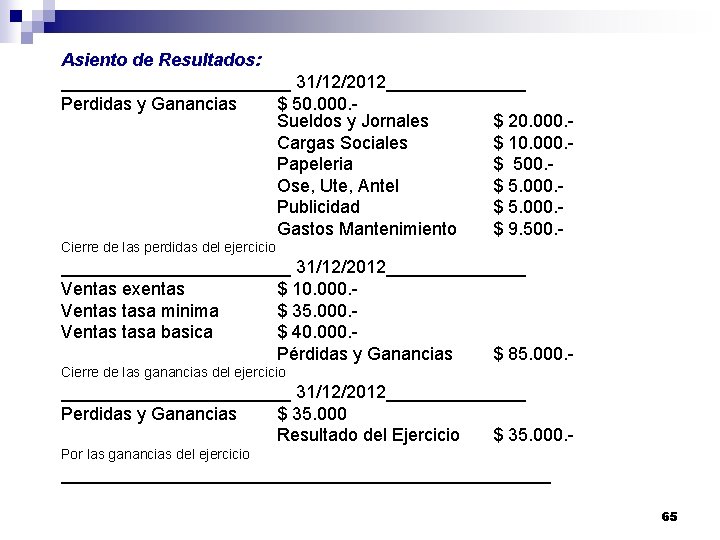 Asiento de Resultados: ____________ 31/12/2012_______ Perdidas y Ganancias $ 50. 000. Sueldos y Jornales