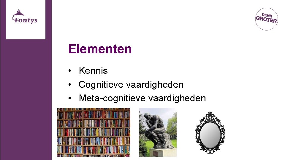 Elementen • Kennis • Cognitieve vaardigheden • Meta-cognitieve vaardigheden 