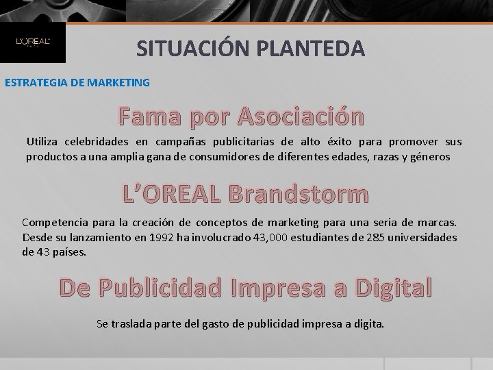 SITUACIÓN PLANTEDA ESTRATEGIA DE MARKETING Fama por Asociación Utiliza celebridades en campañas publicitarias de