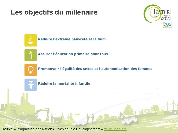 Les objectifs du millénaire Source – Programme des Nations Unies pour le Développement –