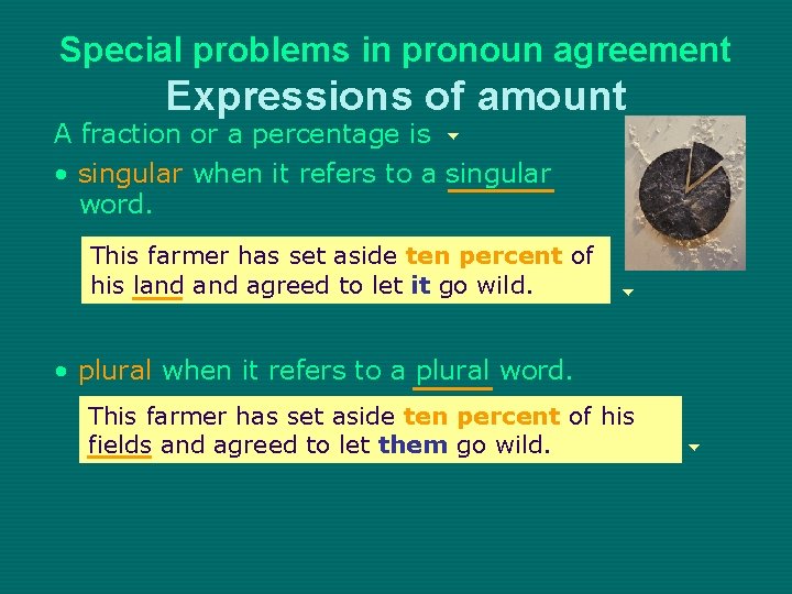 Special problems in pronoun agreement Expressions of amount A fraction or a percentage is