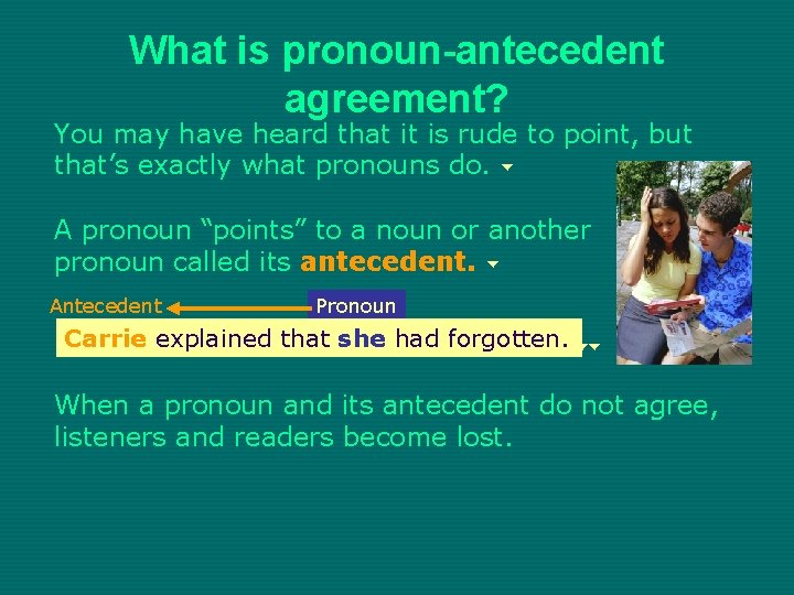 What is pronoun-antecedent agreement? You may have heard that it is rude to point,