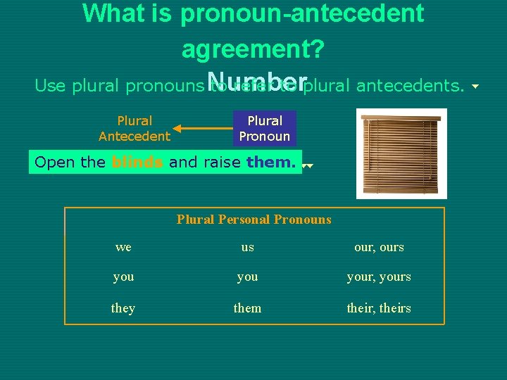 What is pronoun-antecedent agreement? Use plural pronouns Number to refer to plural antecedents. Plural