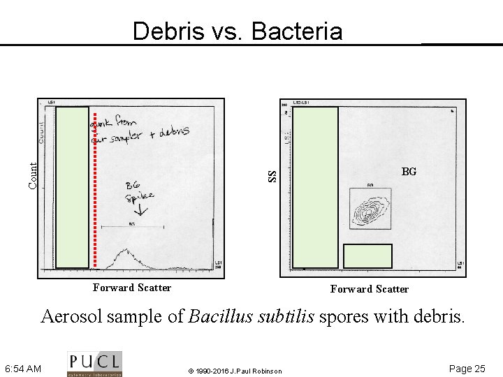 BG SS Count Debris vs. Bacteria debris Forward Scatter Aerosol sample of Bacillus subtilis