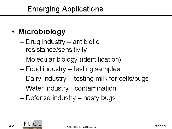 Emerging Applications • Microbiology – Drug industry – antibiotic resistance/sensitivity – Molecular biology (identification)
