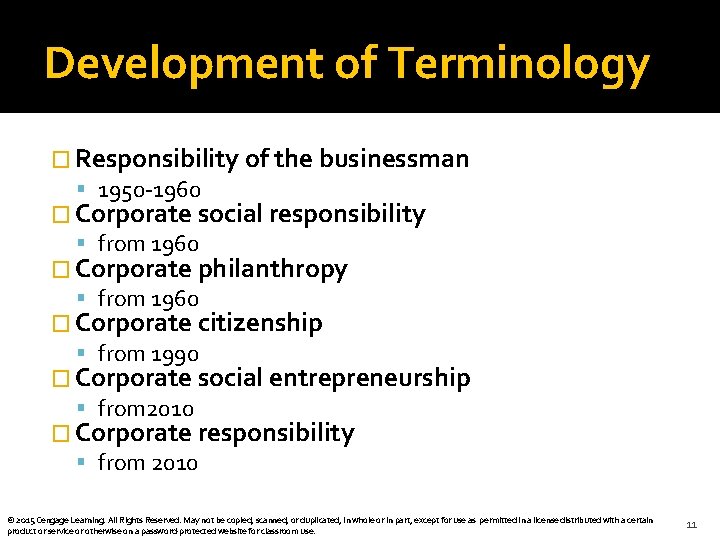 Development of Terminology � Responsibility of the businessman 1950 -1960 � Corporate social responsibility