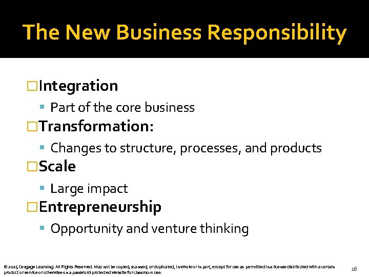 The New Business Responsibility �Integration Part of the core business �Transformation: Changes to structure,