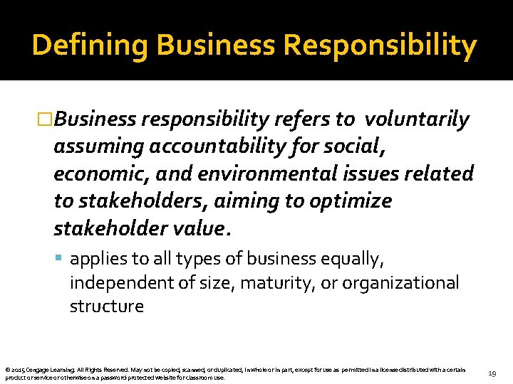 Defining Business Responsibility �Business responsibility refers to voluntarily assuming accountability for social, economic, and