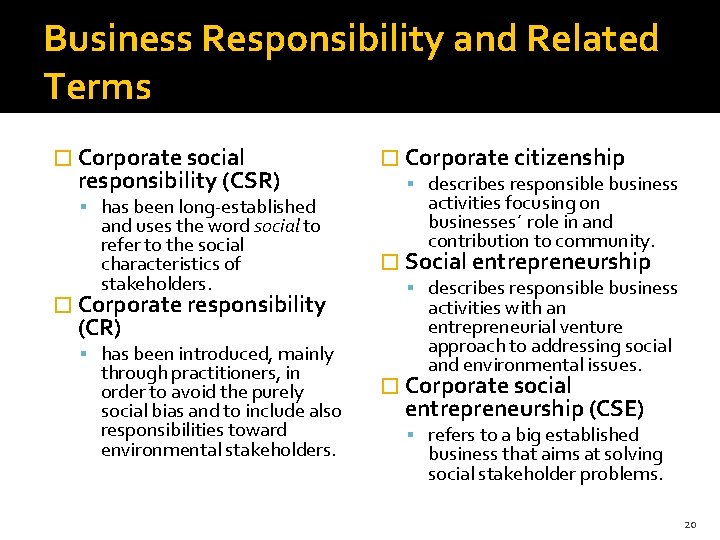 Business Responsibility and Related Terms � Corporate social responsibility (CSR) has been long-established and