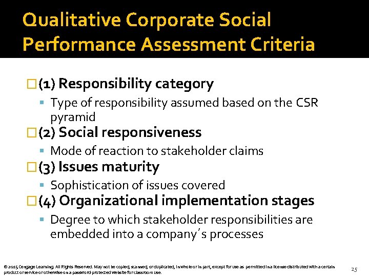 Qualitative Corporate Social Performance Assessment Criteria �(1) Responsibility category Type of responsibility assumed based