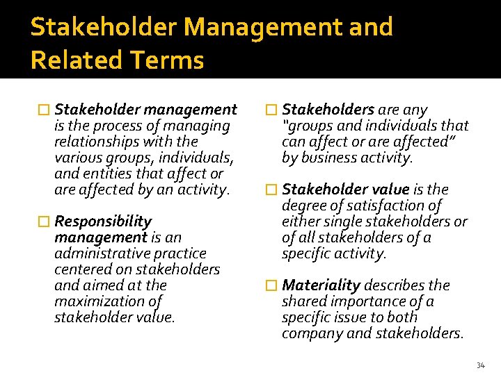 Stakeholder Management and Related Terms � Stakeholder management is the process of managing relationships