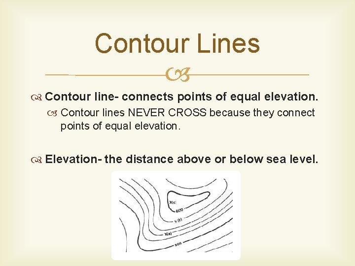 Contour Lines Contour line- connects points of equal elevation. Contour lines NEVER CROSS because