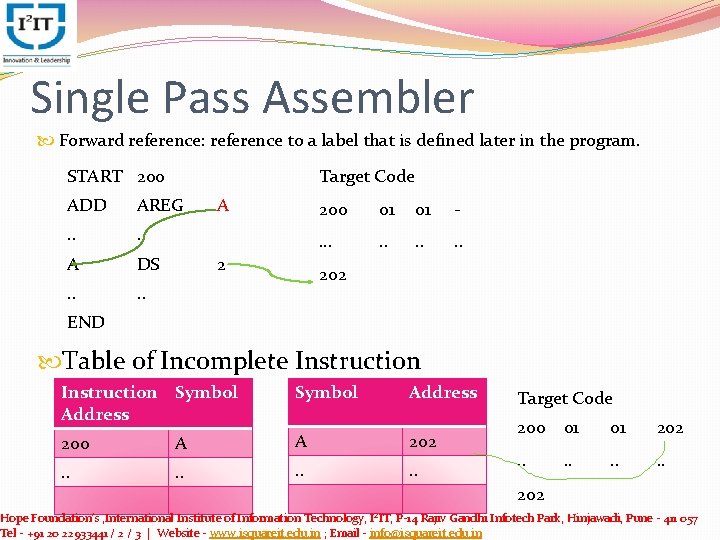 Single Pass Assembler Forward reference: reference to a label that is defined later in