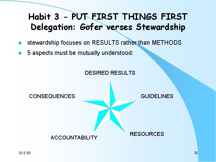 Habit 3 - PUT FIRST THINGS FIRST Delegation: Gofer verses Stewardship l stewardship focuses Habit 3 - PUT FIRST THINGS FIRST Delegation: Gofer verses Stewardship l stewardship focuses