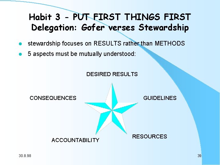 Habit 3 - PUT FIRST THINGS FIRST Delegation: Gofer verses Stewardship l stewardship focuses