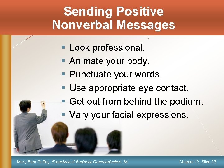 Sending Positive Nonverbal Messages § § § Look professional. Animate your body. Punctuate your