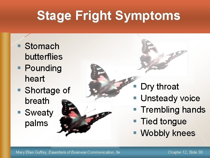 Stage Fright Symptoms § Stomach butterflies § Pounding heart § Shortage of breath §