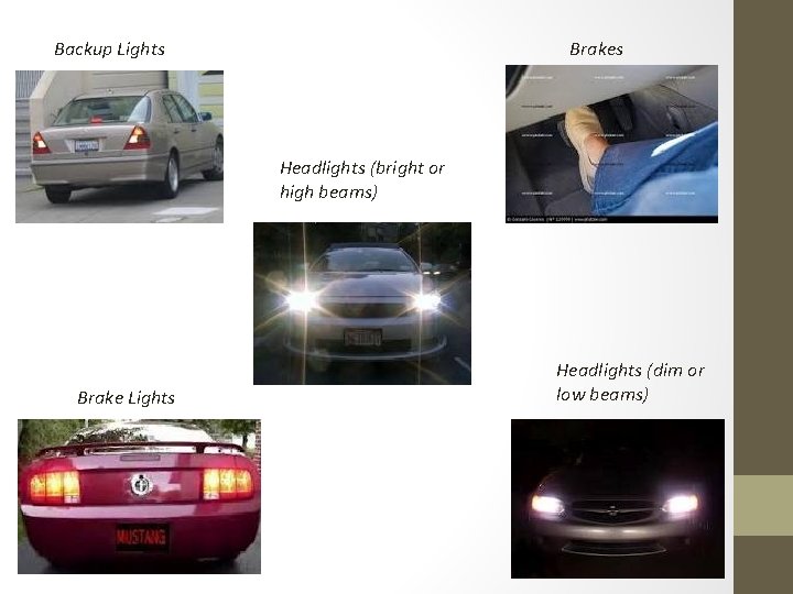 Brakes Backup Lights Headlights (bright or high beams) Brake Lights Headlights (dim or low