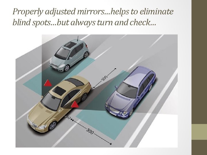 Properly adjusted mirrors…helps to eliminate blind spots…but always turn and check… 