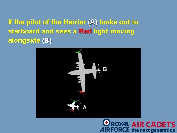 If the pilot of the Harrier (A) looks out to starboard and sees a