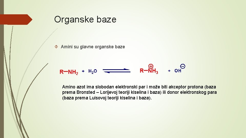 Organske baze Amini su glavne organske baze Amino azot ima slobodan elektronski par i