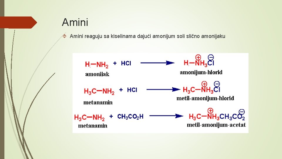 Amini reaguju sa kiselinama dajući amonijum soli slično amonijaku 