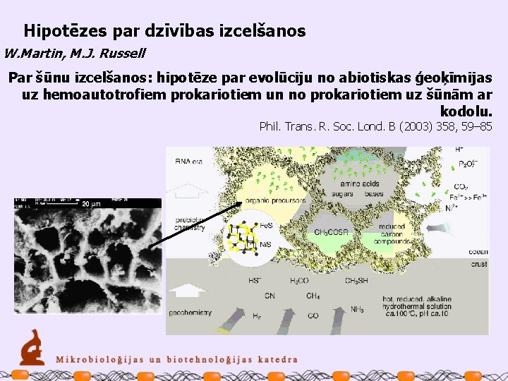 Hipotēzes par dzīvības izcelšanos W. Martin, M. J. Russell Par šūnu izcelšanos: hipotēze par