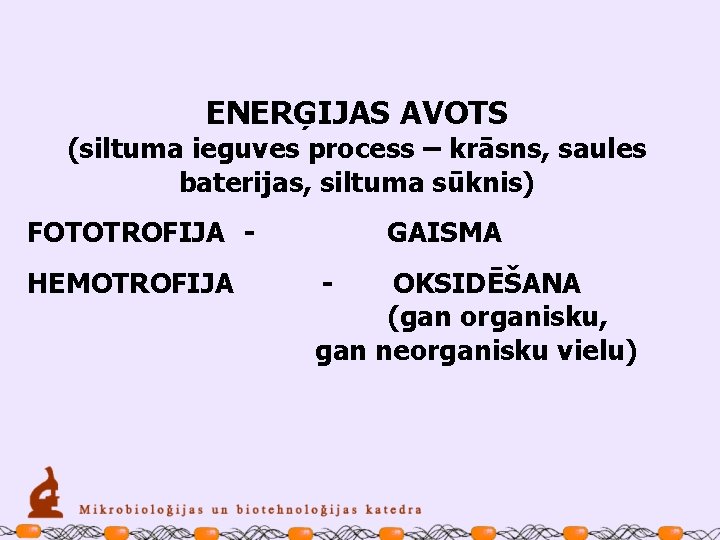 ENERĢIJAS AVOTS (siltuma ieguves process – krāsns, saules baterijas, siltuma sūknis) FOTOTROFIJA HEMOTROFIJA GAISMA