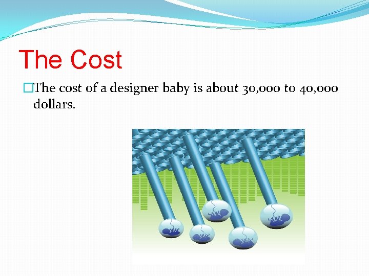 The Cost �The cost of a designer baby is about 30, 000 to 40,
