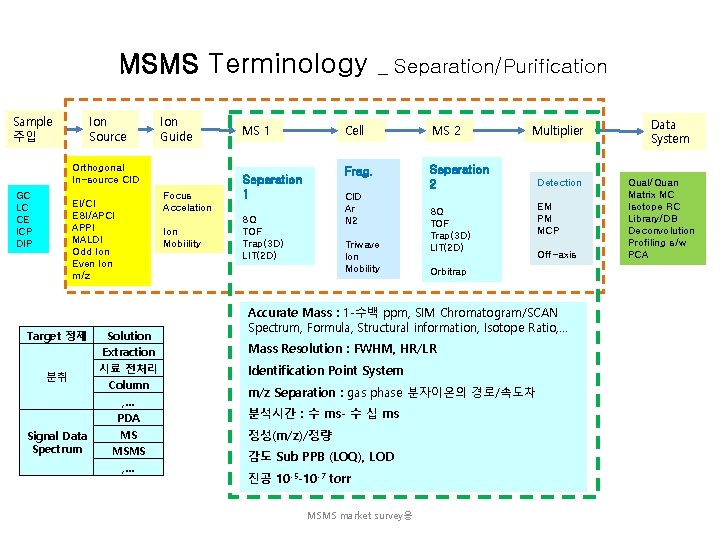 MSMS Terminology Sample 주입 Ion Source Ion Guide Orthogonal In-source CID GC LC CE