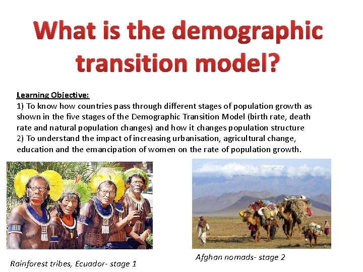 What is the demographic transition model? Learning Objective: 1) To know how countries pass