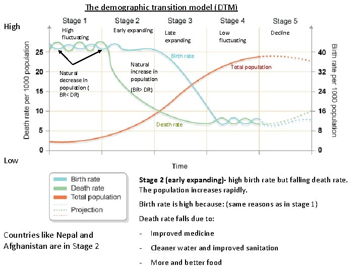 The demographic transition model (DTM) High fluctuating Early expanding Late expanding Low fluctuating Decline