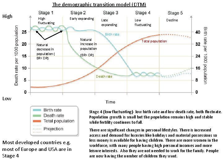The demographic transition model (DTM) High fluctuating Early expanding Late expanding Low fluctuating Decline