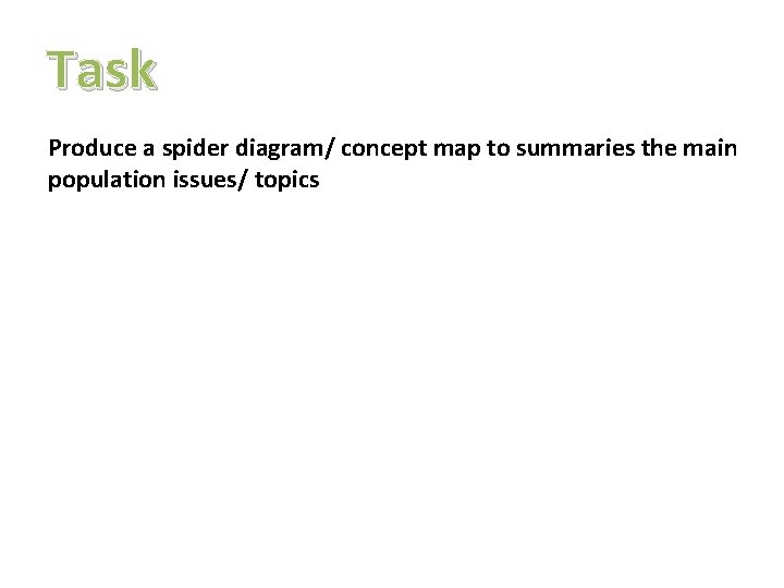 Task Produce a spider diagram/ concept map to summaries the main population issues/ topics