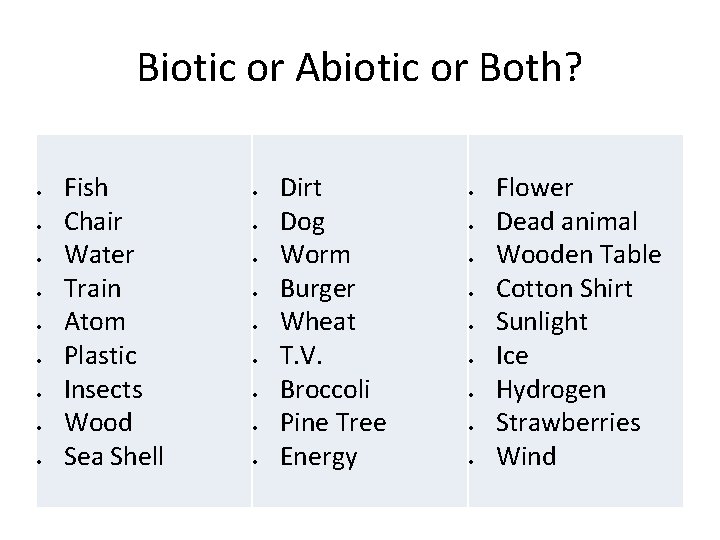 Biotic or Abiotic or Both? Fish Chair Water Train Atom Plastic Insects Wood Sea Biotic or Abiotic or Both? Fish Chair Water Train Atom Plastic Insects Wood Sea