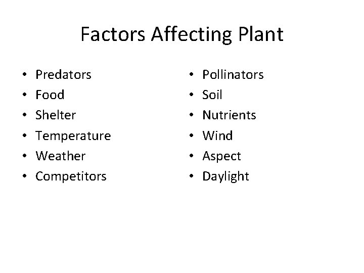 Factors Affecting Plant • • • Predators Food Shelter Temperature Weather Competitors • •