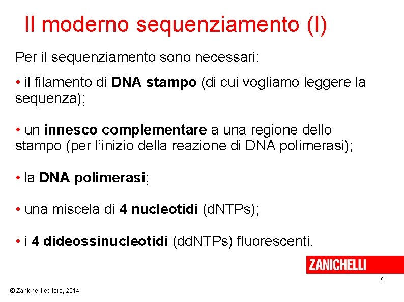 Il moderno sequenziamento (I) Per il sequenziamento sono necessari: • il filamento di DNA Il moderno sequenziamento (I) Per il sequenziamento sono necessari: • il filamento di DNA